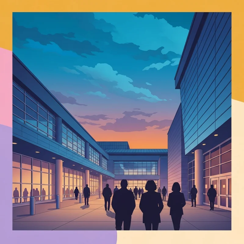 The modern exterior of a hockey arena at dusk, capturing the atmospheric pride of the islanders fan base.