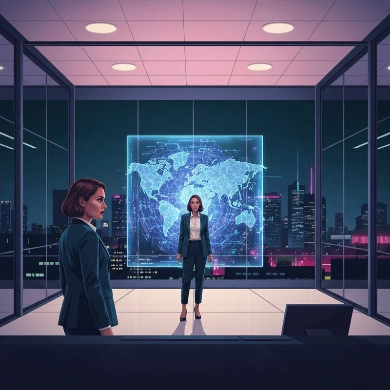 A professional woman analyzing the growth and future trajectory of Meta stock in a high-tech environment.