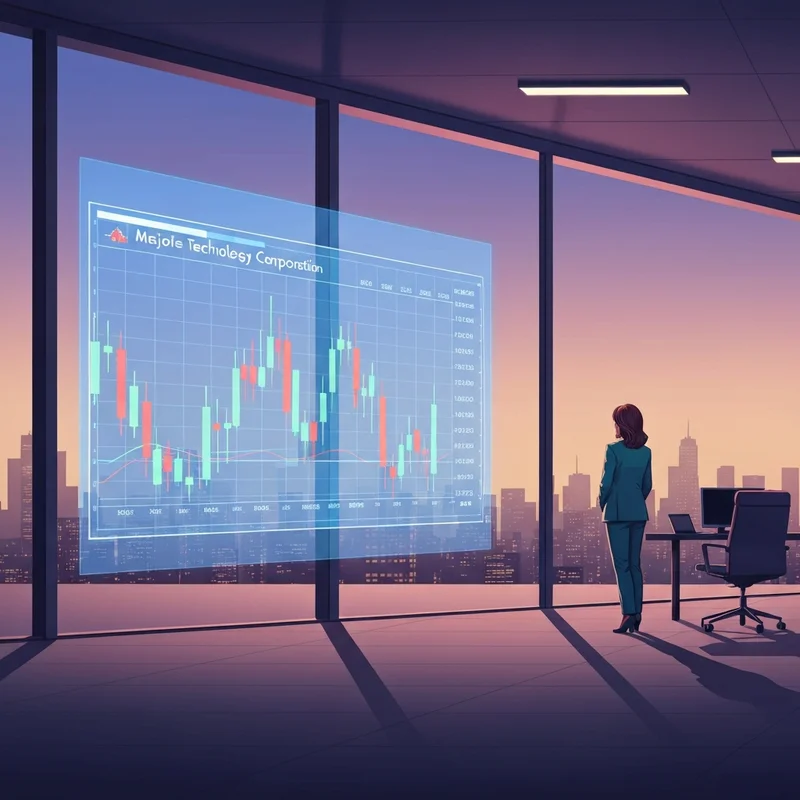 A professional woman analyzing the msft stock performance on a holographic display in a futuristic office setting.