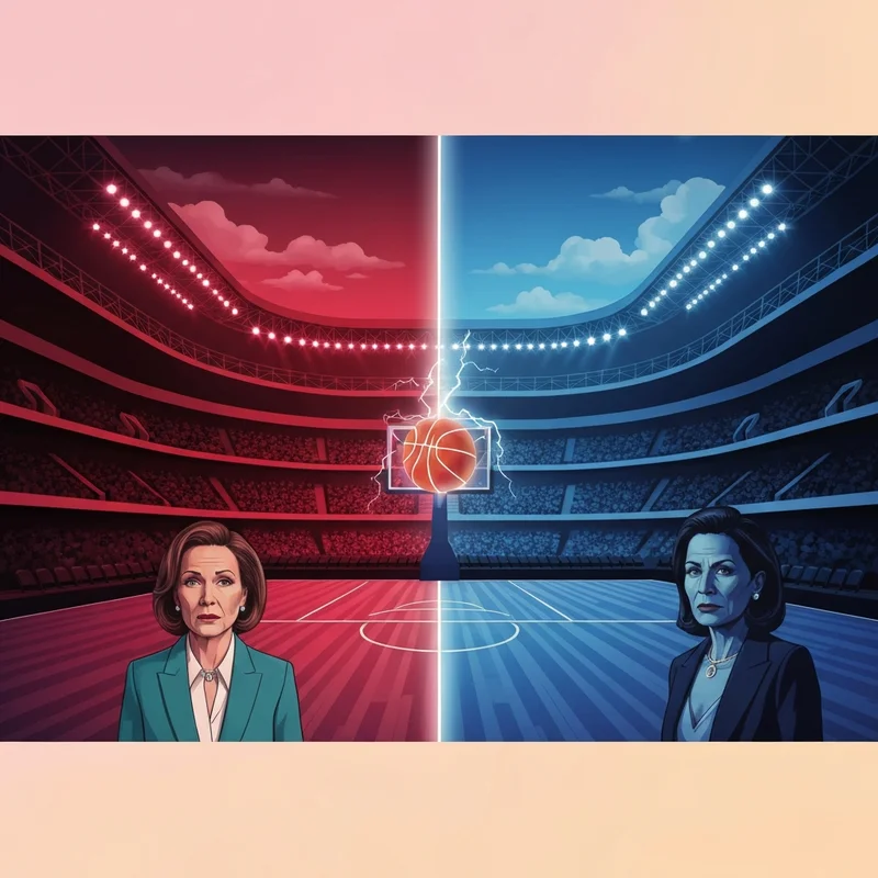 A conceptual digital art piece representing the magic vs heat rivalry with red and blue neon lighting in a basketball arena.