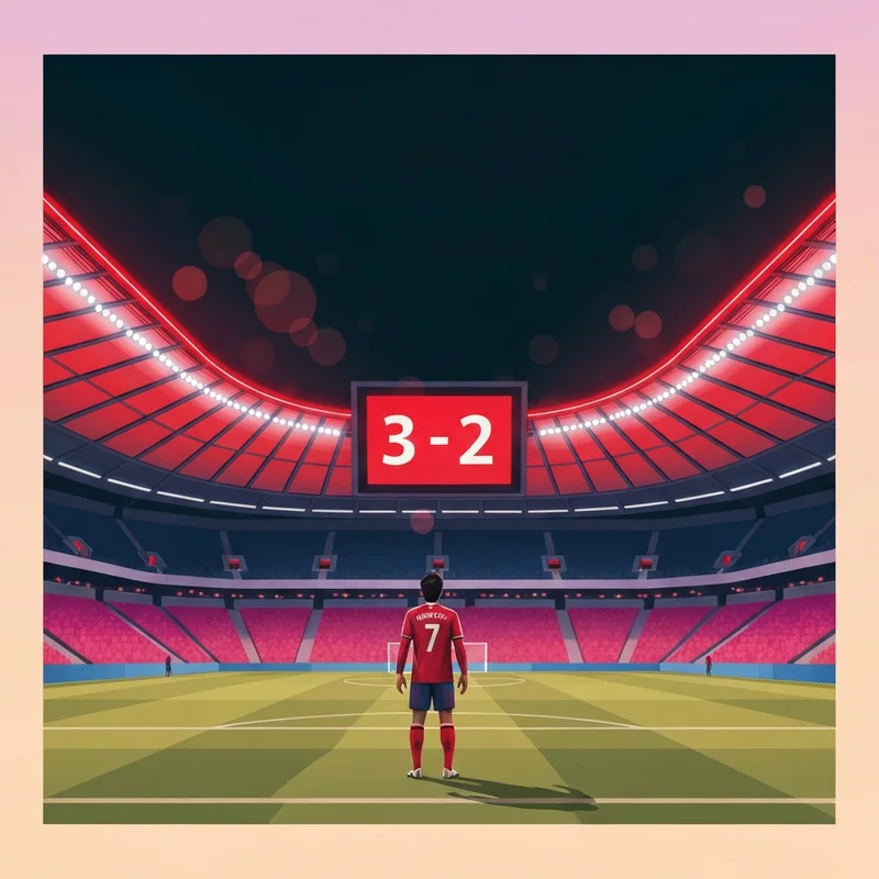 A cinematic view of the emotional atmosphere following the arsenal vs kairat match featuring the 3-2 scoreboard.