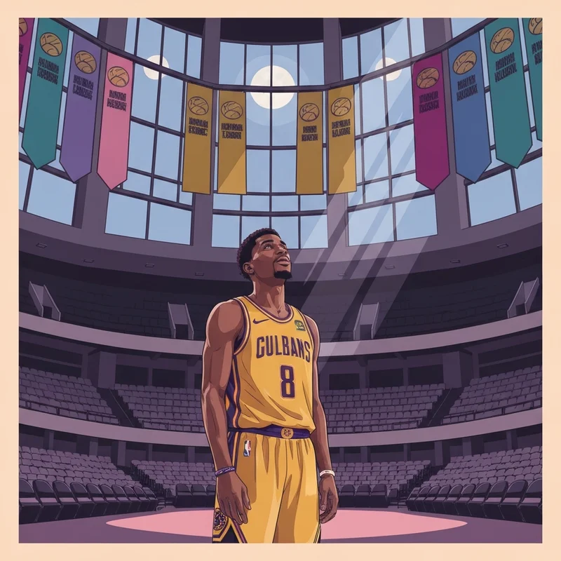 A young basketball player reflecting on the Dalton Knecht trade request in an empty arena.