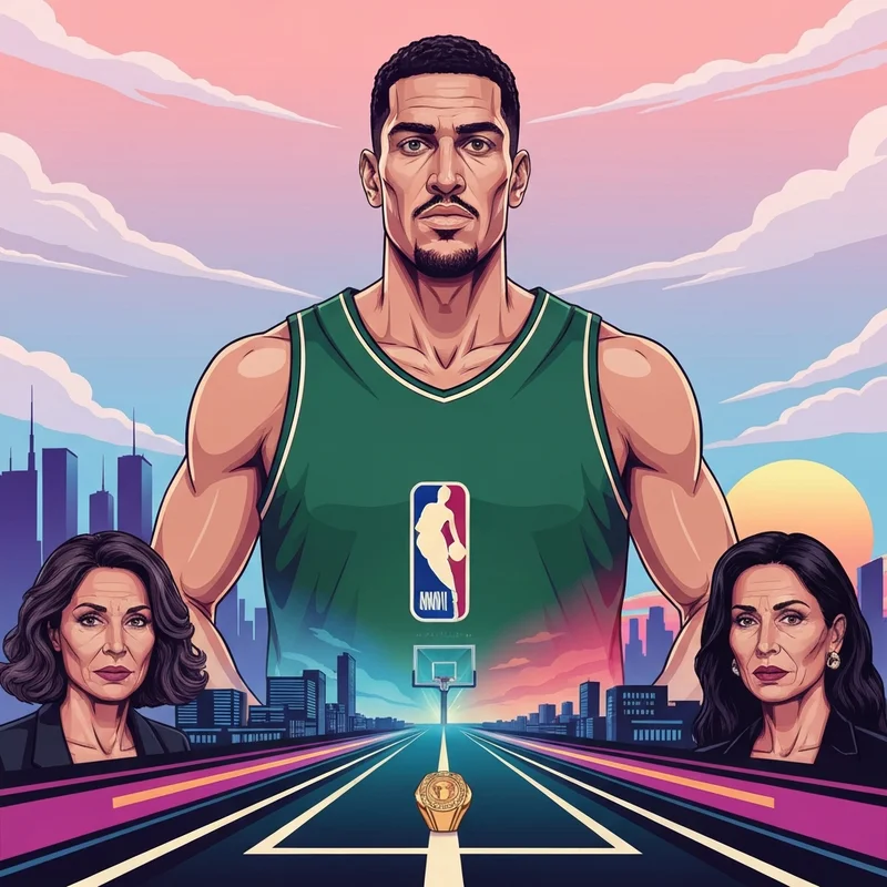 A cinematic visualization of the Giannis Antetokounmpo trade decision at a futuristic crossroads.