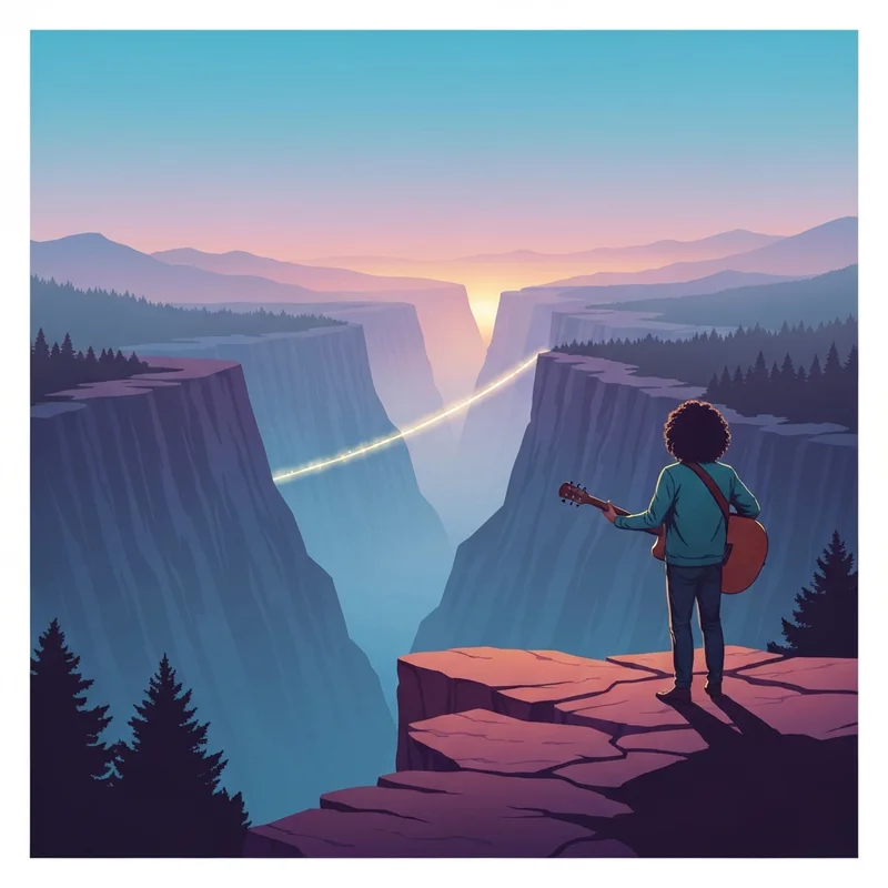 A visual representation of the Noah Kahan The Great Divide new album theme showing a musician at a canyon edge.