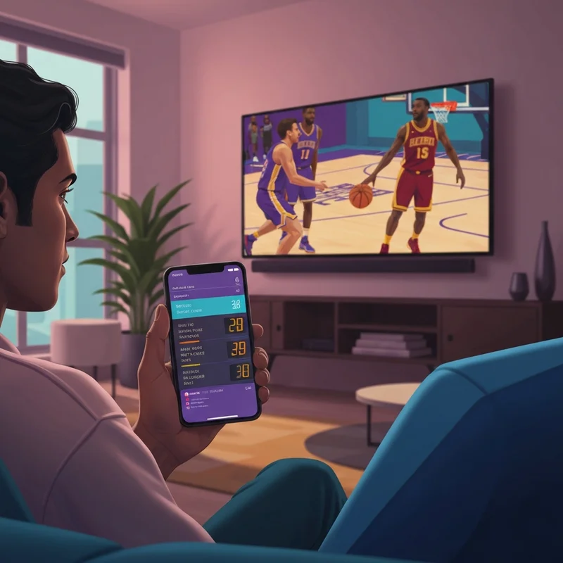 A fan checking the lakers vs cleveland cavaliers match player stats on a smartphone during a high-stakes NBA game.