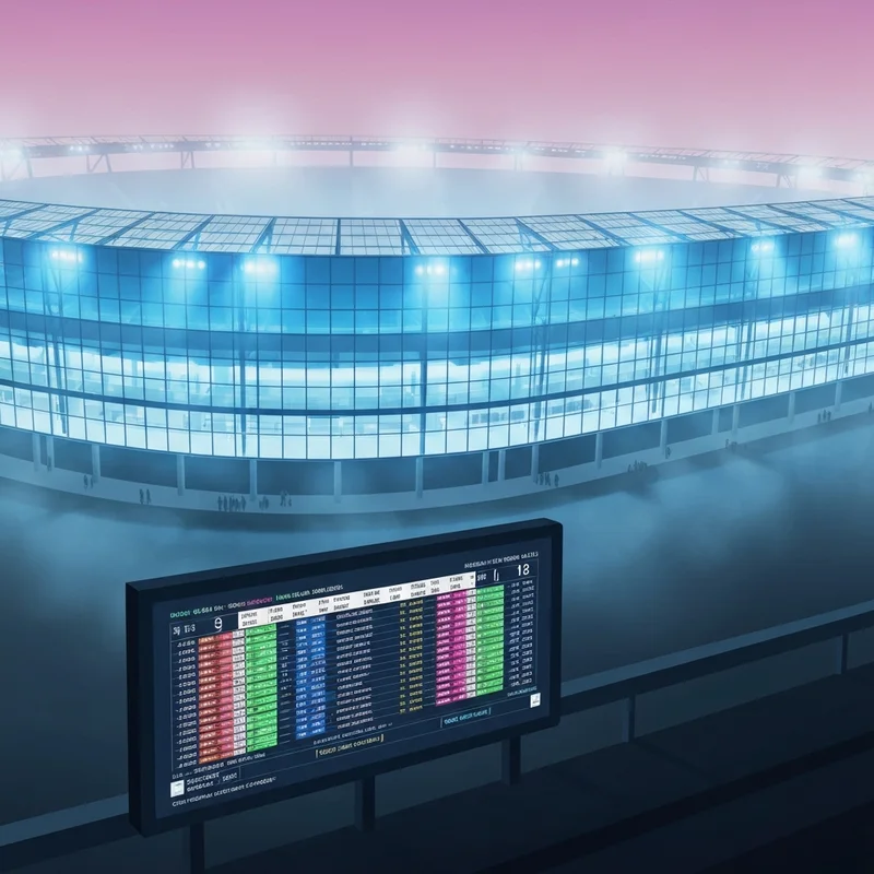 A glowing digital table showing the latest champions league standings inside a crowded modern football stadium at night.