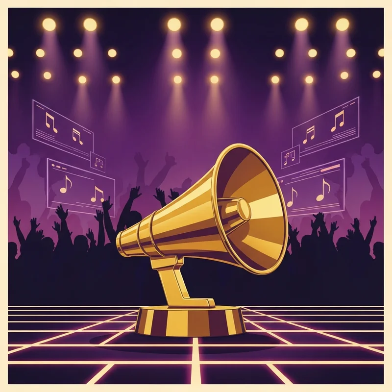 A golden trophy on a neon-lit stage representing the grammys 2026 ceremony.