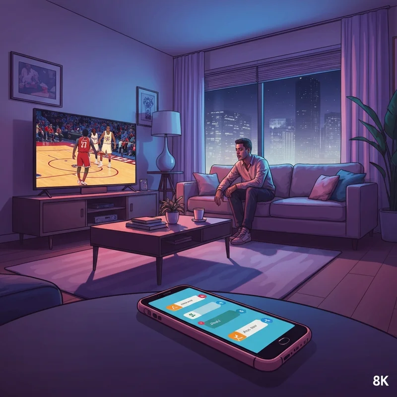 A fan watching the Warriors vs Jazz game on a high-definition TV in a cozy modern apartment.