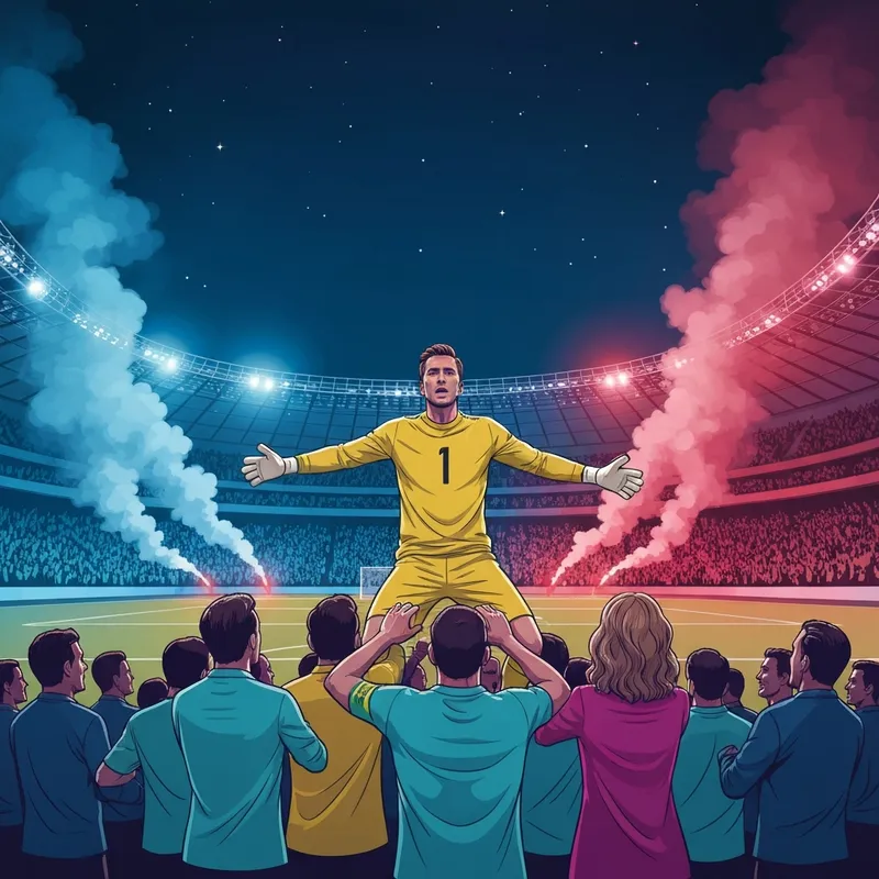 A dramatic scene from the Benfica vs Real Madrid 4-2 highlights showing fans celebrating a miracle victory.