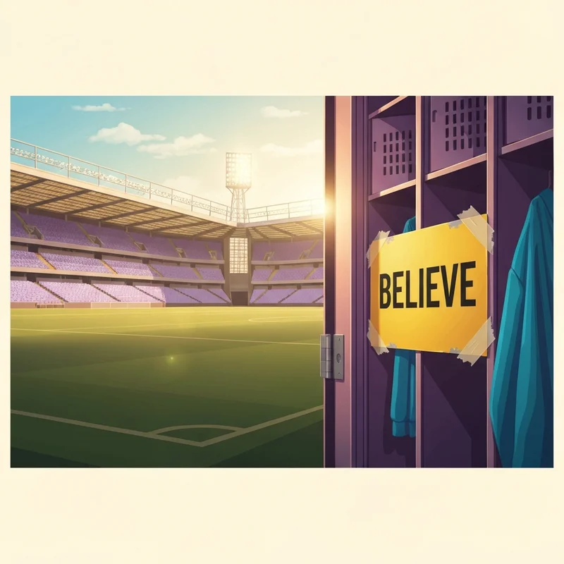 The iconic Believe sign in an empty stadium locker room, representing the hope for Ted Lasso Season 4.