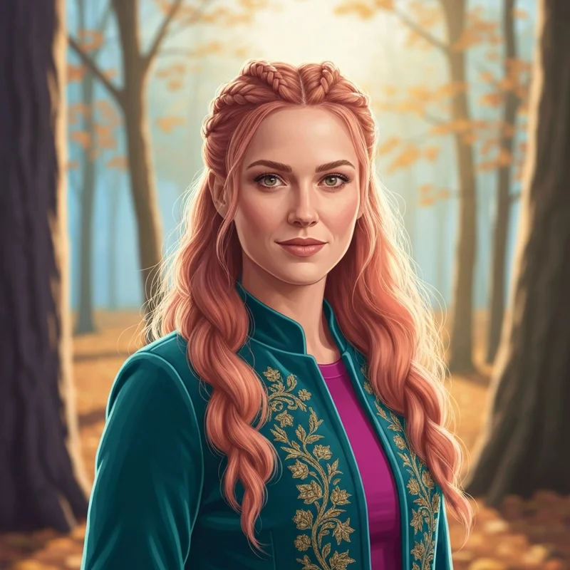 A woman showcasing a modern anna braid frozen hairstyle in a golden forest setting.