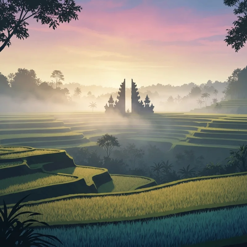 A peaceful sunrise over a traditional temple and rice terraces in Bali, symbolizing spiritual growth and conscious travel.