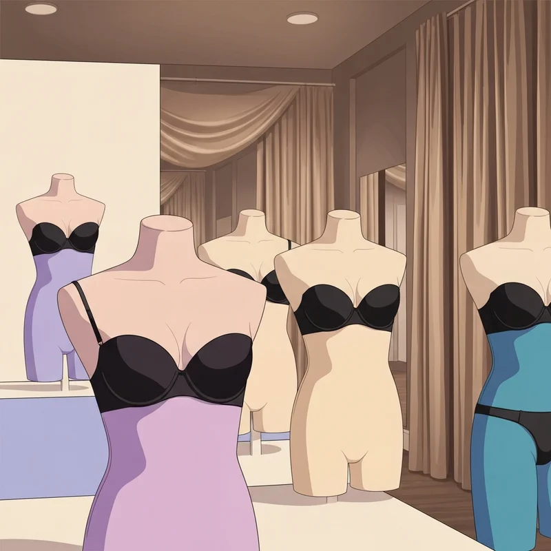 A luxury display of a strapless bra Victoria Secret on a mannequin in a high-fashion boutique setting.