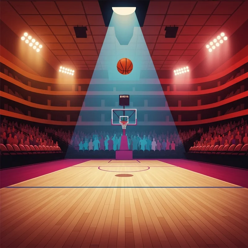 A dramatic view of a basketball court symbolizing the intense Tennessee vs Georgia basketball rivalry with orange and red lighting.