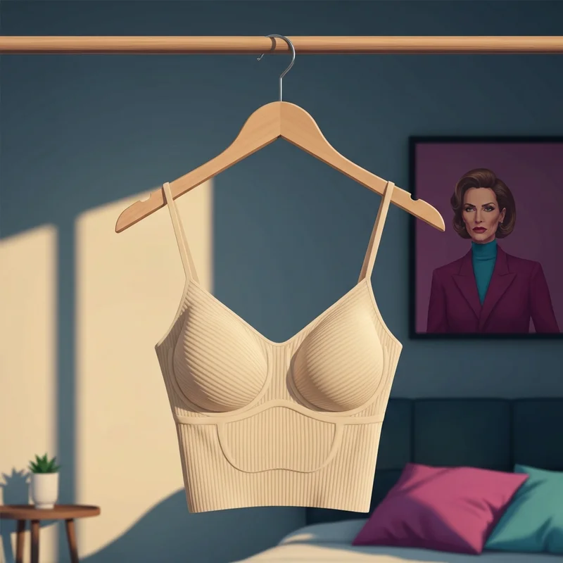 A minimalist cream-colored vest with bra hanging in a bright modern room.