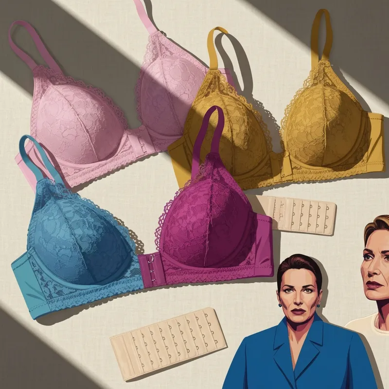 A collection of lingerie accessories and bra extenders 2 hooks arranged on a soft linen fabric.