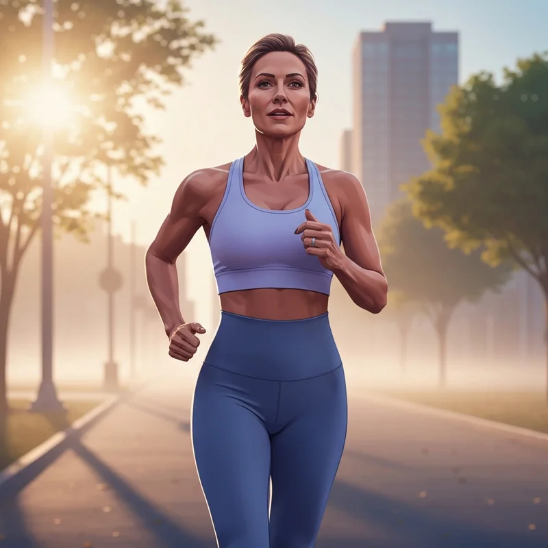 A woman wearing the best bra for running while exercising at dawn.