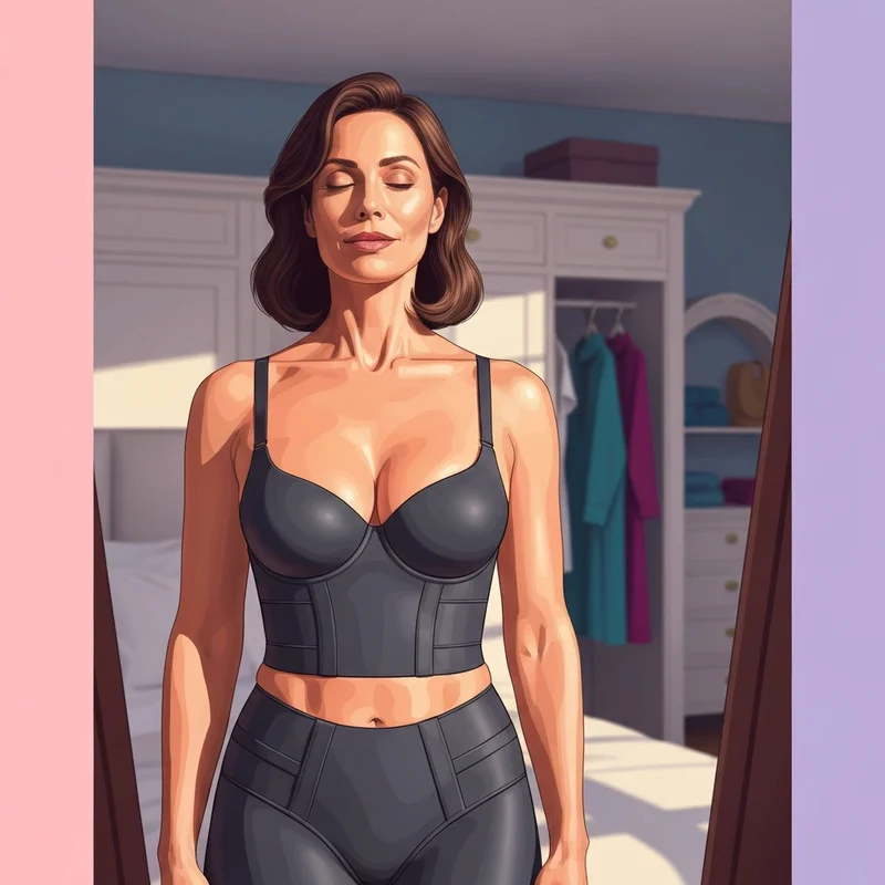 A woman experiencing the comfort and support of a modern thick strap bra while looking in the mirror.