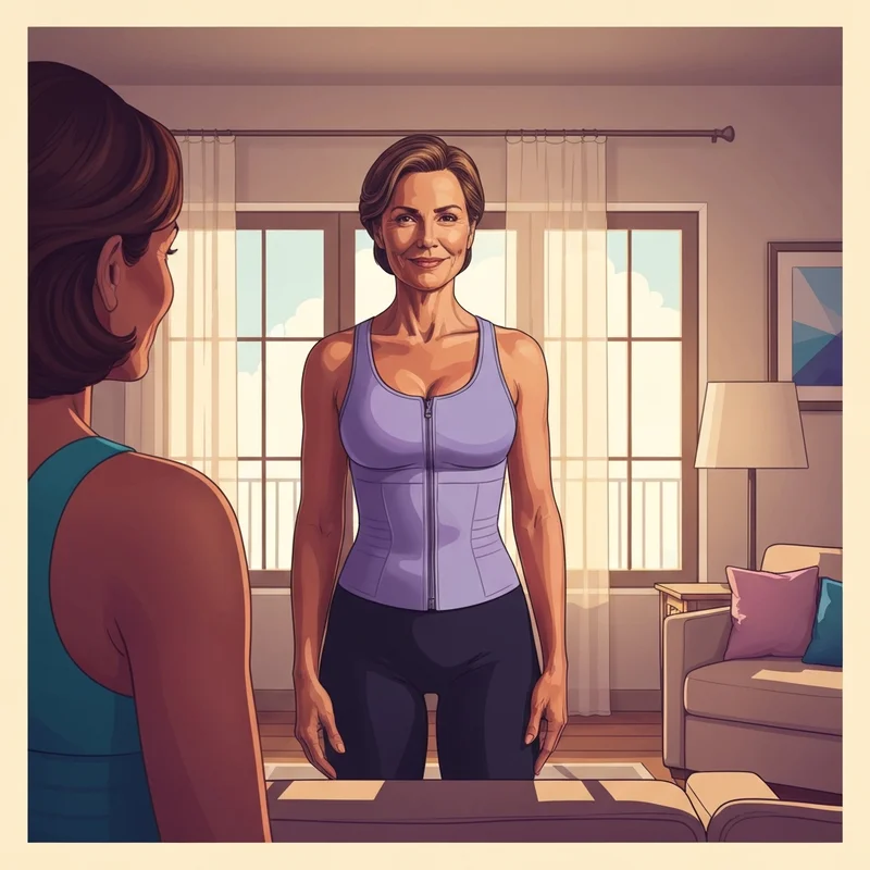 A woman experiencing the posture-improving benefits of a copper fit bra in a sunlit room.