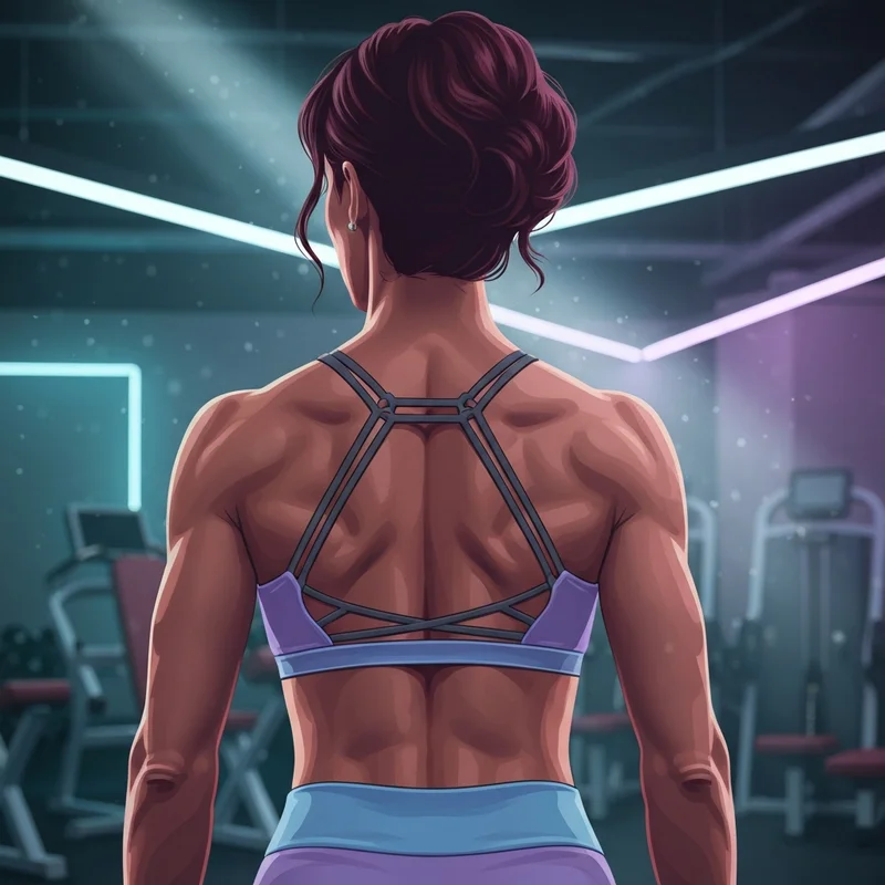 A woman showcasing her back muscles in a stylish open back sports bra during a gym workout.