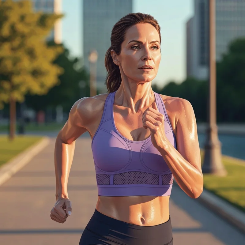 A woman running with confidence and stability while wearing a high impact running bra during a sunset workout.