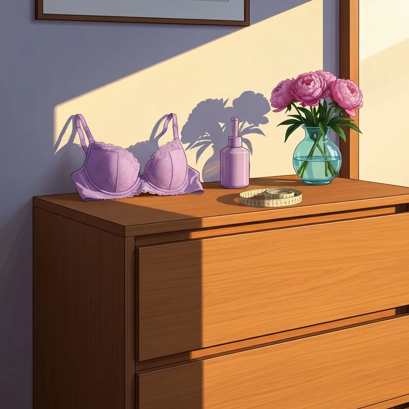 A professional setup for measuring a 34 size bra cup size with a measuring tape and elegant lingerie on a dresser.