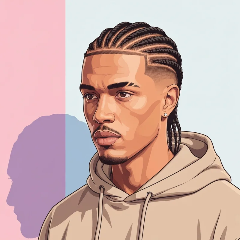 A young man showcasing simple mens braid styles with a sharp fade and clean parts.