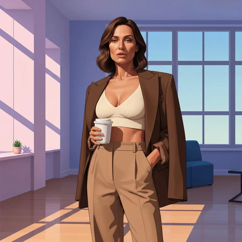 A woman wearing a stylish bra top crop with high-waisted trousers and a blazer for a confident lifestyle look.