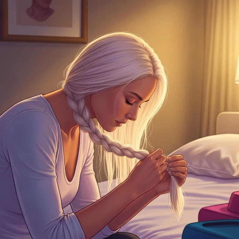 A young woman performing the viral upside down braid hack in her bedroom to achieve heatless volume.