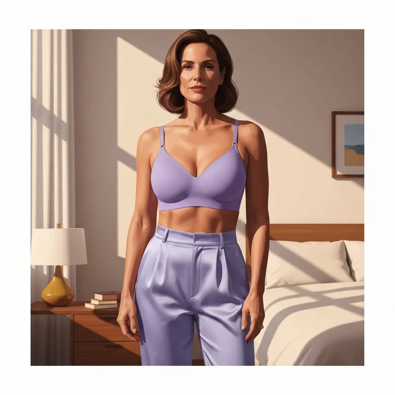A woman experiencing the weightless lift and sleek silhouette of a lush fitting bra in a modern bedroom setting.