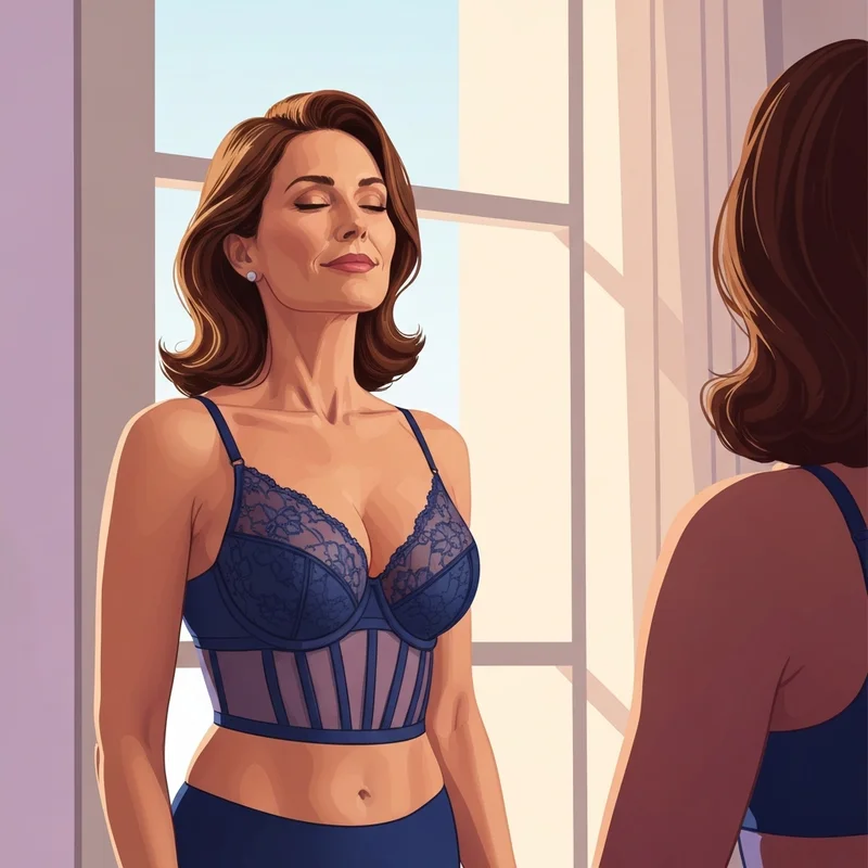 A woman wearing a supportive and stylish 42D bra in a luxury dressing room setting.