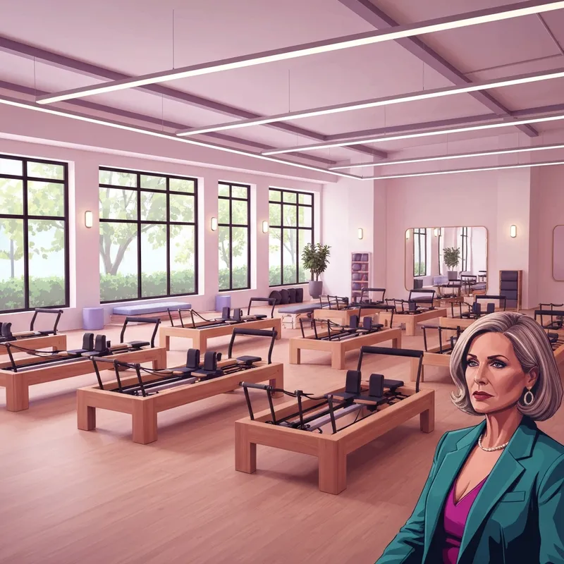 The interior of a high-end fitness studio similar to Club Pilates Brentwood with professional reformer equipment.