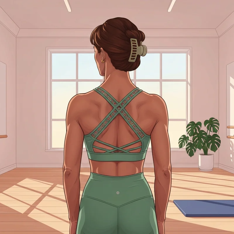 A woman wearing a stylish strappy back sports bra in a minimalist Pilates studio setting.