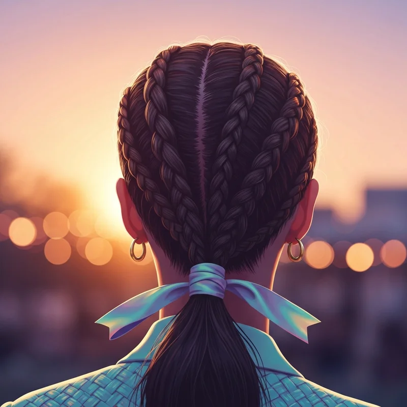 A detailed 4 strand braid with a silk ribbon accent at a festival during sunset.