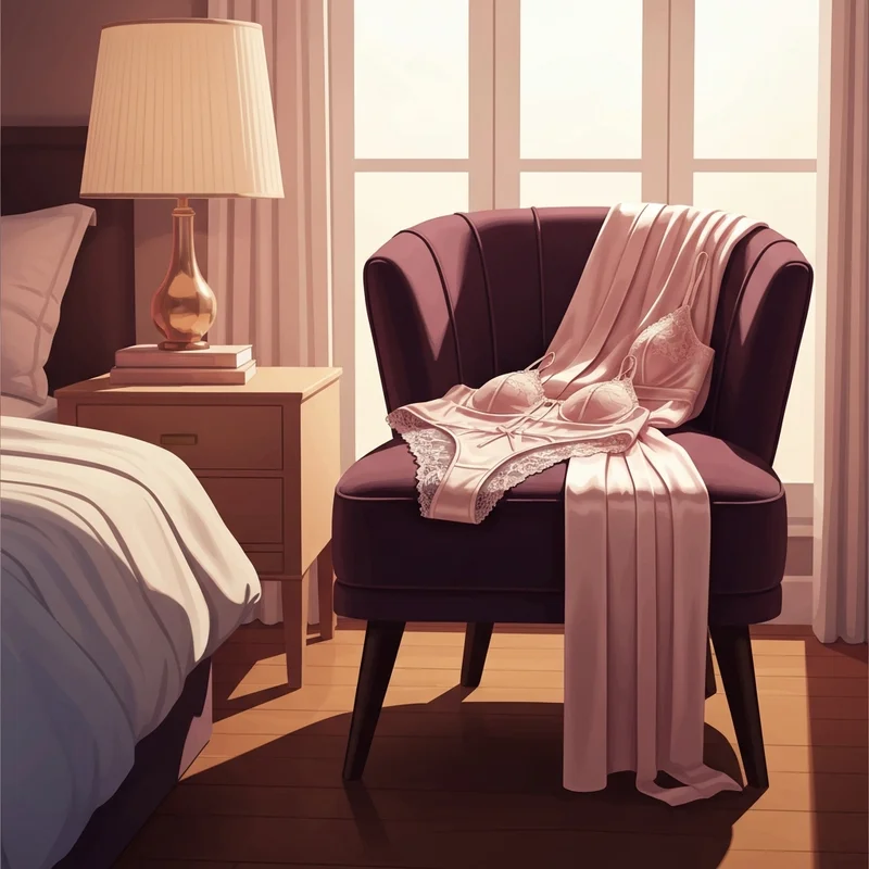 A collection of delicate intimates including a rene rofe bra and matching lace set in a sunlit room.