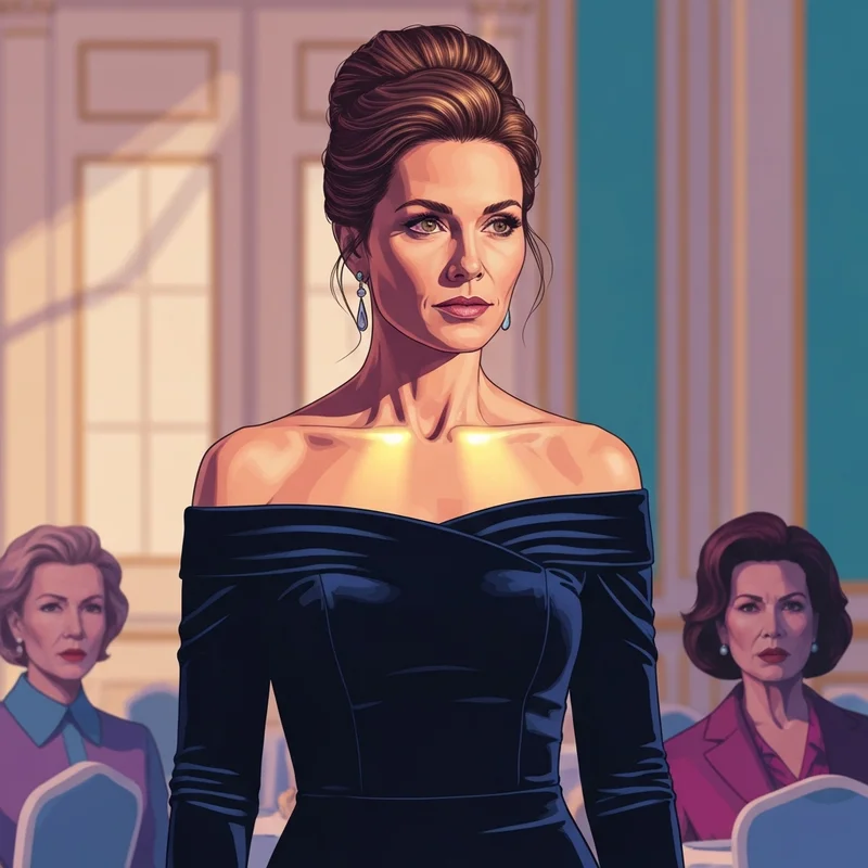 A woman wearing a sophisticated navy long sleeve off the shoulder wedding guest dress in a formal ballroom.