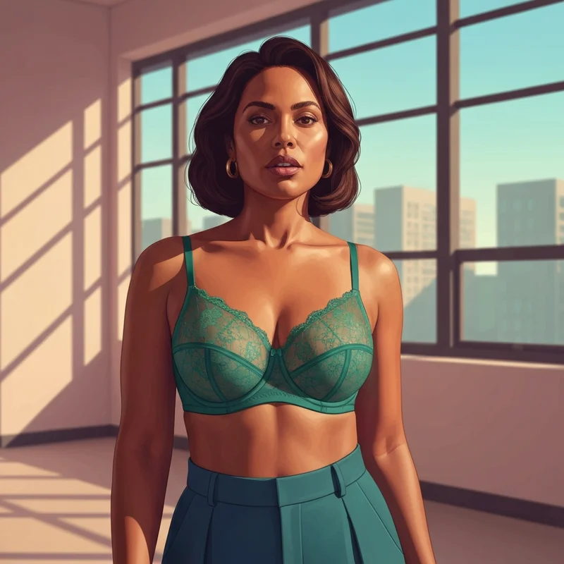 A woman wearing a stylish and supportive 42G bra featuring modern lace details and a perfect fit.