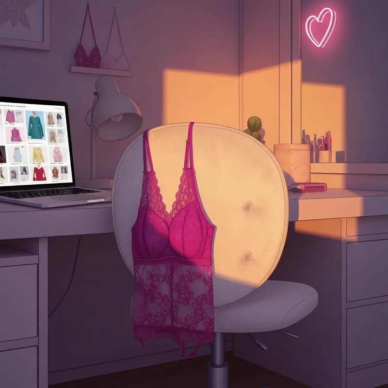 A vibrant pink bra victoria secret displayed in a stylish, modern college dorm room during sunset.