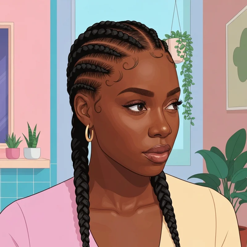 Detailed view of snatched black hair french braid hairstyles on a young woman with a polished aesthetic.