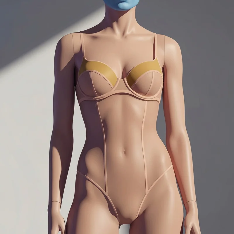 A high-fashion model posing in a minimalist setting showcasing the silhouette of a skims bra with nipples.