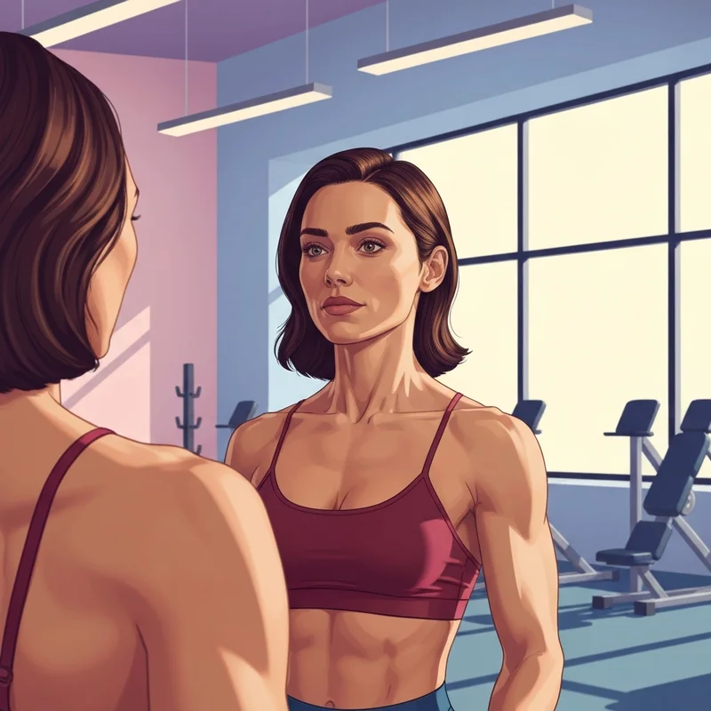 A woman wearing a gymshark minimal sports bra in athletic burgundy while checking her physique in a gym mirror.
