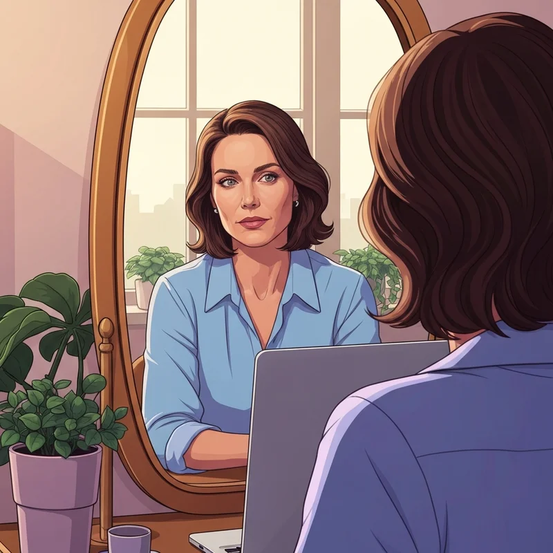 A young woman reflecting on her skin health and botox wrinkles in a sunlit room.