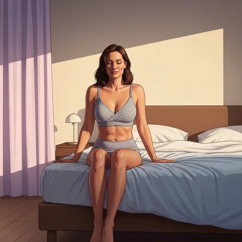 A comfortable woman wearing a nursing bra sleep bralette in a cozy bedroom setting to prevent leaks.