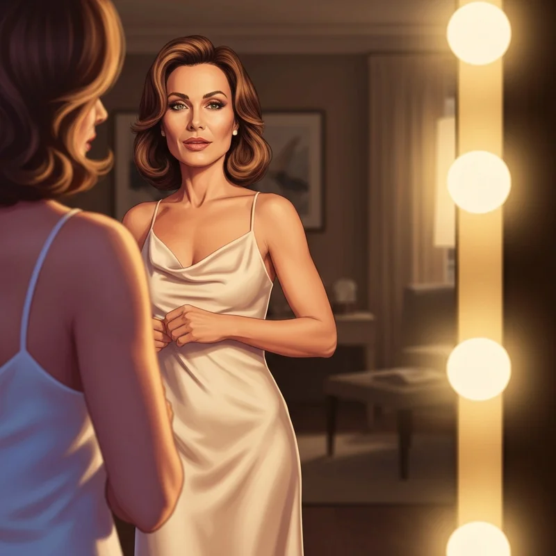 A woman achieving a perfect silhouette using push up bra pads for a formal event.