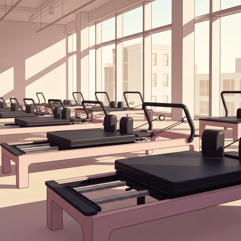 The interior of the modern boost pilates lohi studio in Denver featuring sleek reformers and minimalist decor.