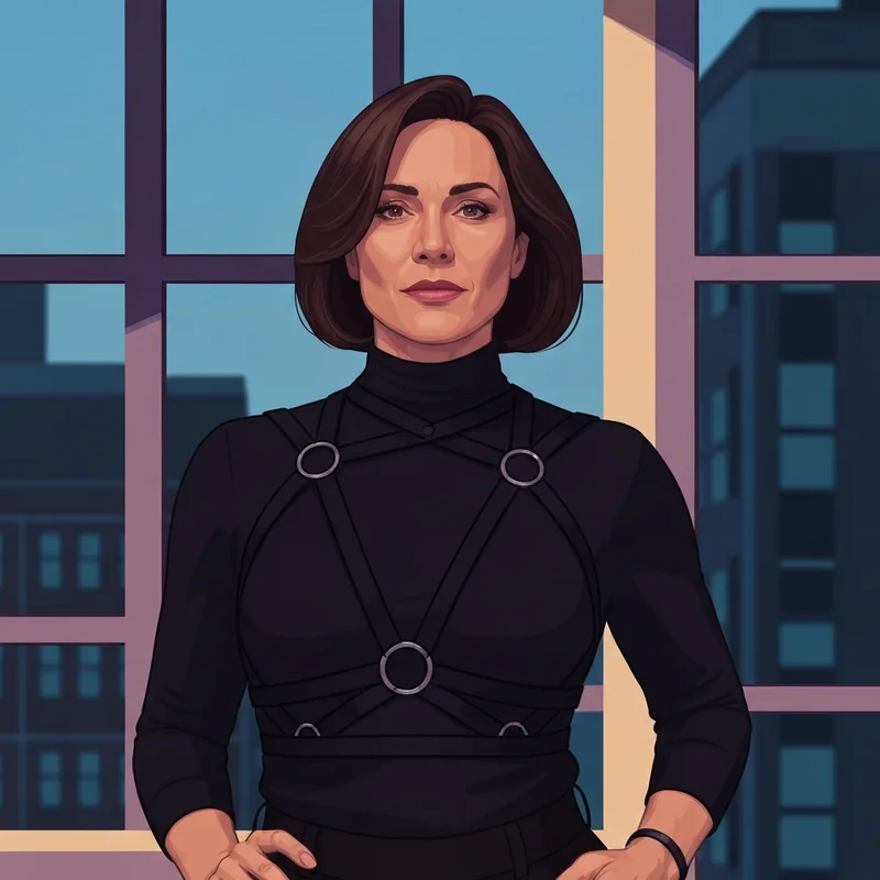 A woman wearing a stylish black harness bra over a turtleneck, showcasing an architectural and confident fashion choice.