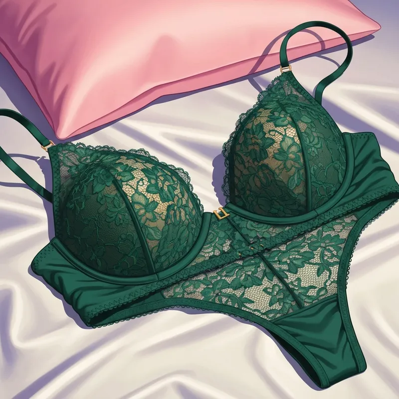A luxurious emerald green sexy bra and panty sets with gold hardware on a silk background.