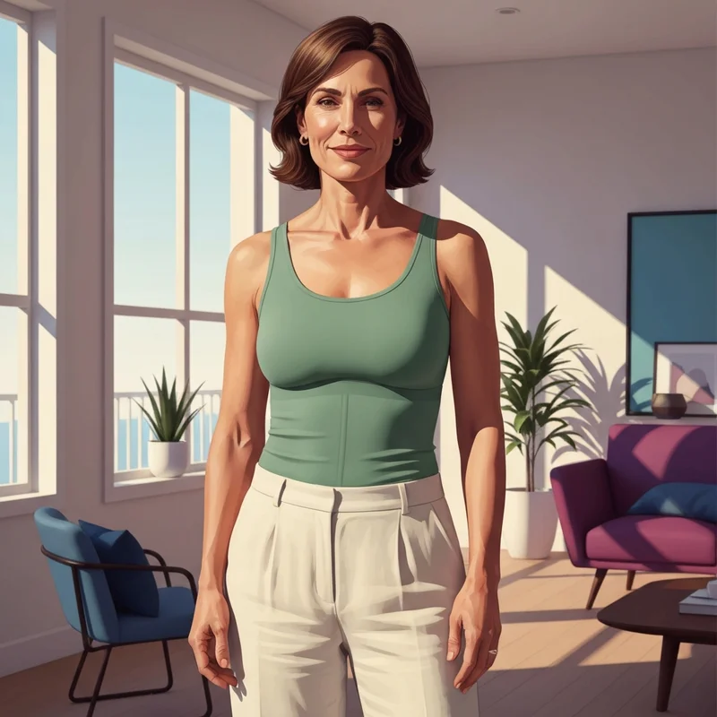 A woman wearing minimalist tops with built in bra for a comfortable and professional daily look.