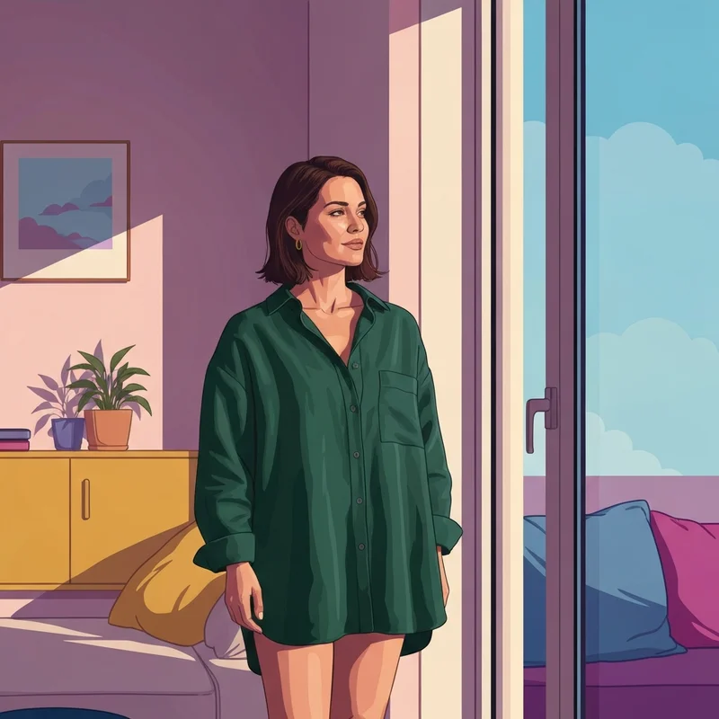 A confident young woman enjoying the comfort and freedom of the no bra teens movement in a sunny room.