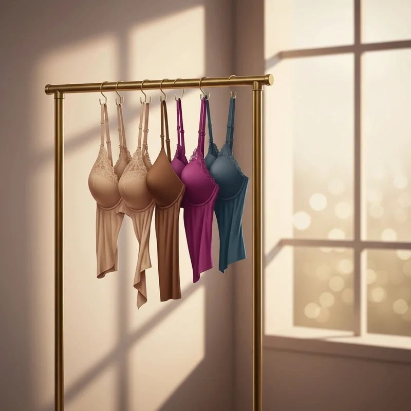 A collection of different bra style options hanging in a modern, elegant dressing room.